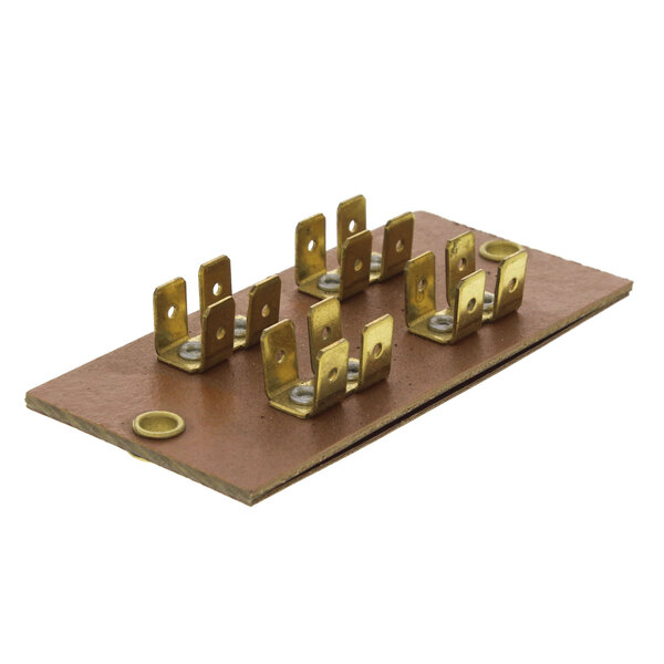 A brown rectangular SaniServ terminal board with metal corners and brass screws.