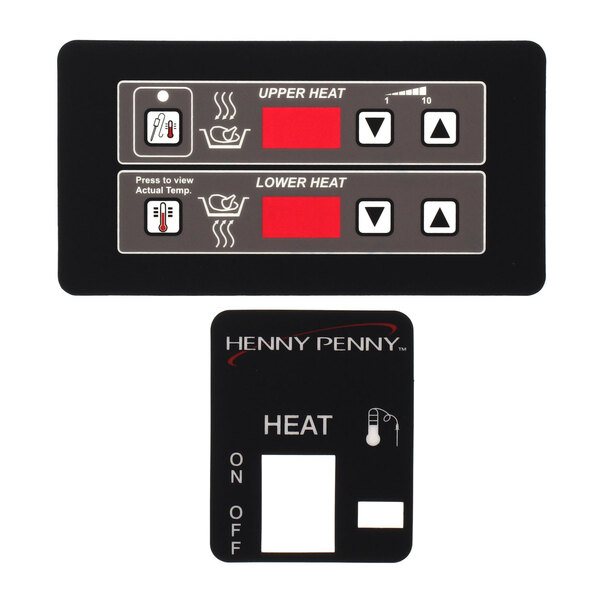 A black rectangular Henny Penny supply decal with buttons and text.