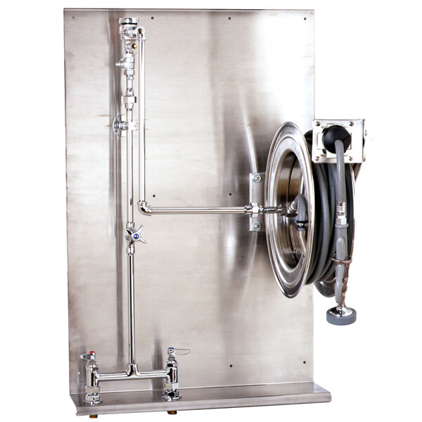 A T&amp;S stainless steel hose reel machine with hoses attached to it.