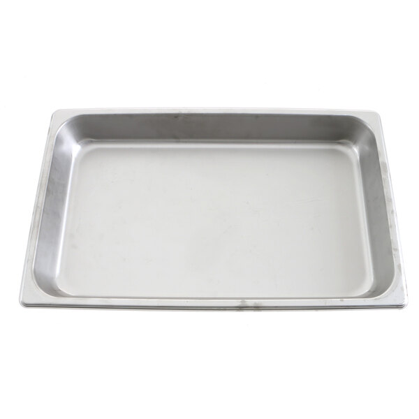 A silver rectangular metal pan with a white background.