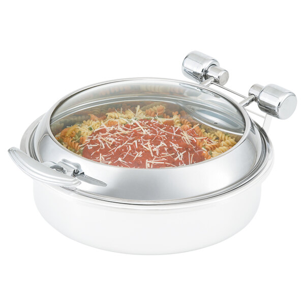 A Vollrath stainless steel chafing dish with a glass lid.
