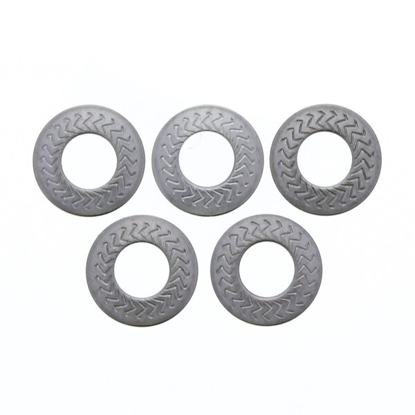 A group of four grey metal circular Rational washers.