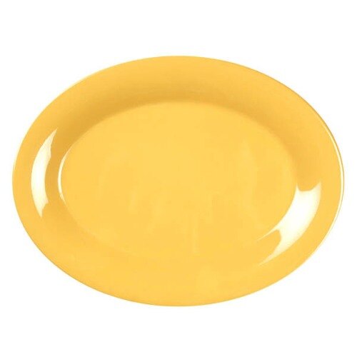A yellow oval melamine platter with a white background.