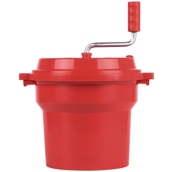 A red plastic Chef Master salad spinner bucket with a handle.
