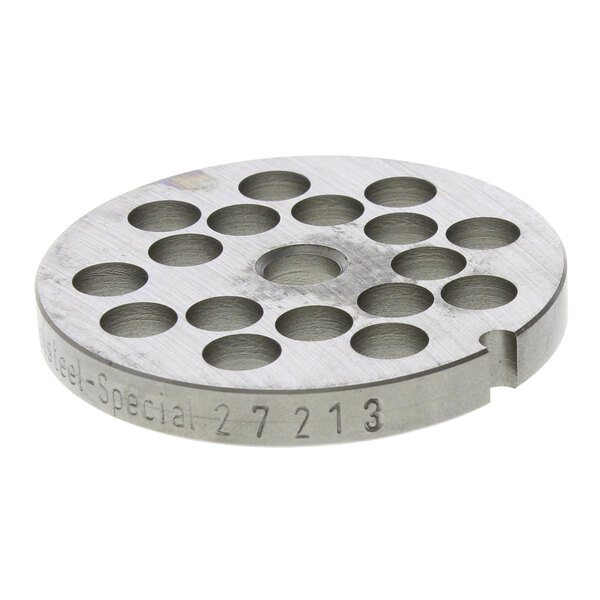 A circular metal Blakeslee 3/8 plate with holes in it.