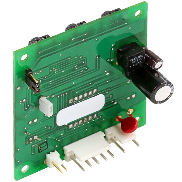 A green APW Wyott temperature controller circuit board with white and red buttons.