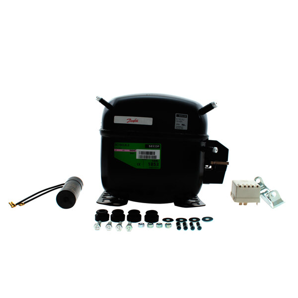 A Franke compressor with a hose and other accessories on a white background with a green label.