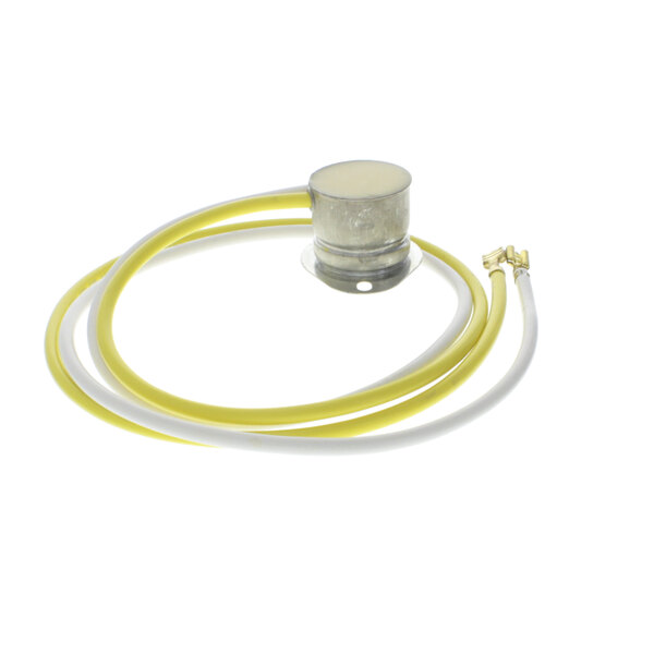 A yellow and white cable with a yellow plug connected to a yellow and white tube with a metal cap.