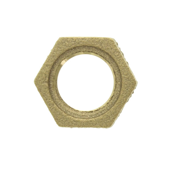 A gold colored Cleveland hex nut.