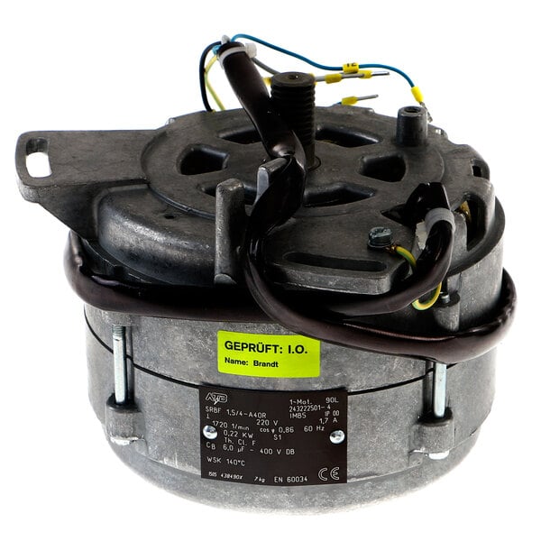 A metal Bizerba motor with wires and a yellow label.