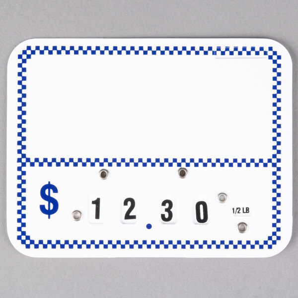 A white and blue checkered deli tag wheel with black numbers and a dollar sign.