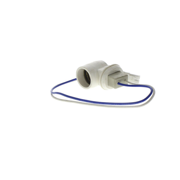 A white electrical plug with blue wire.