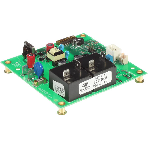 An APW Wyott electronic thermostat circuit board with black and red and blue components on a green board.