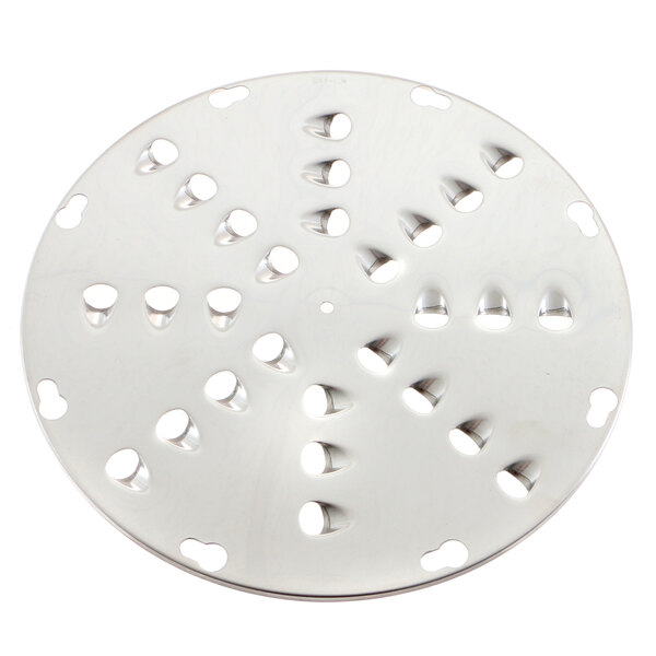 A circular metal disc with holes in it.