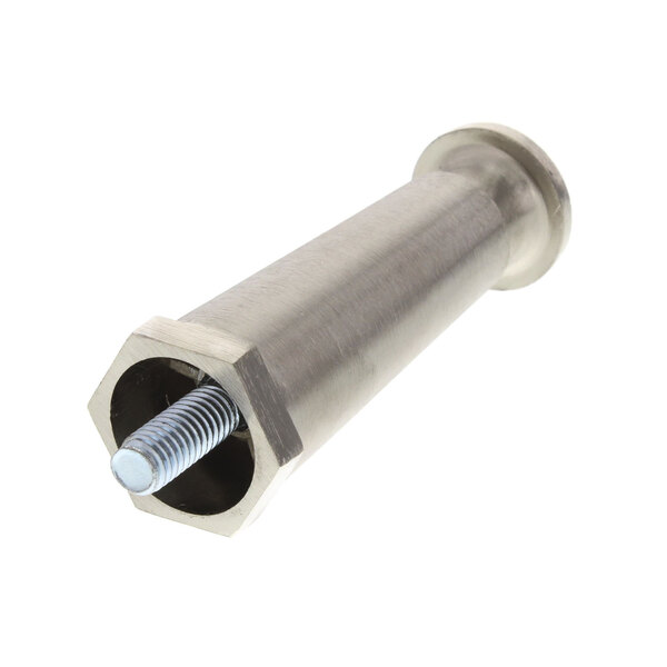 A stainless steel adjustable leg with a metal bolt and nut on the end.
