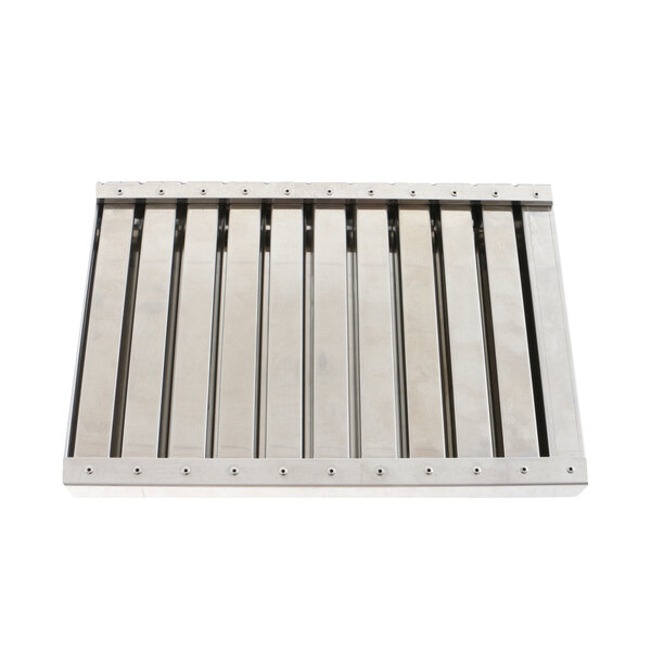 A stainless steel metal plate with four rows of metal slats.