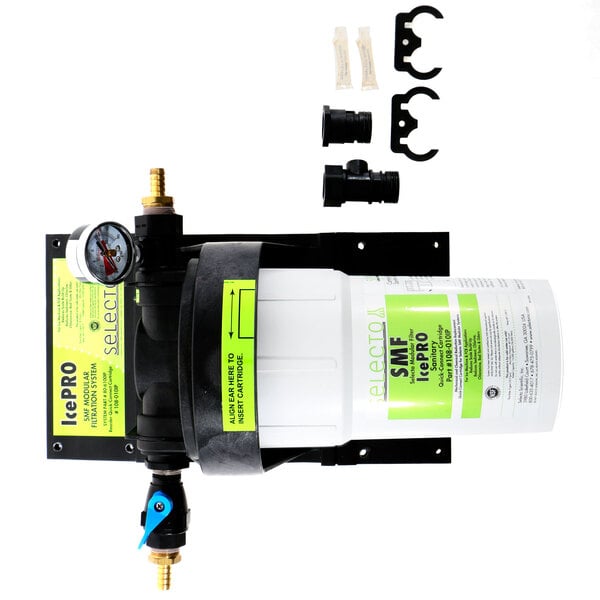 A white and black Selecto Filter Icepro System with a white and green cartridge.