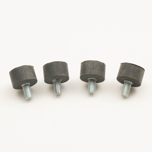 A group of three black rubber caps on black screws.