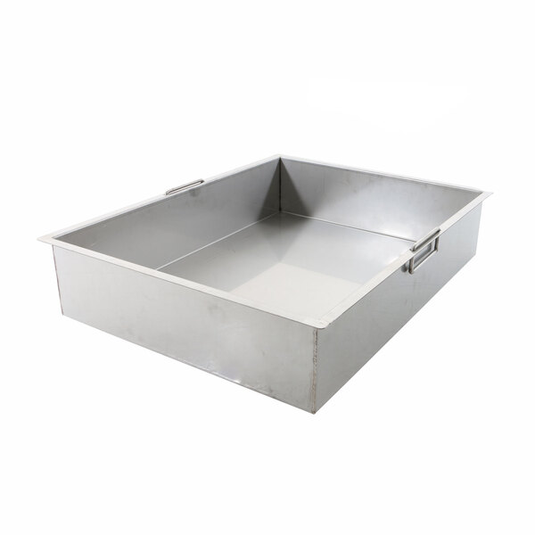 A silver stainless steel square pan with handles.