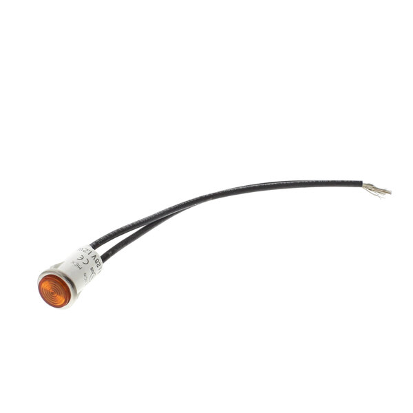A Bakers Pride amber round signal light with a black and white wire.