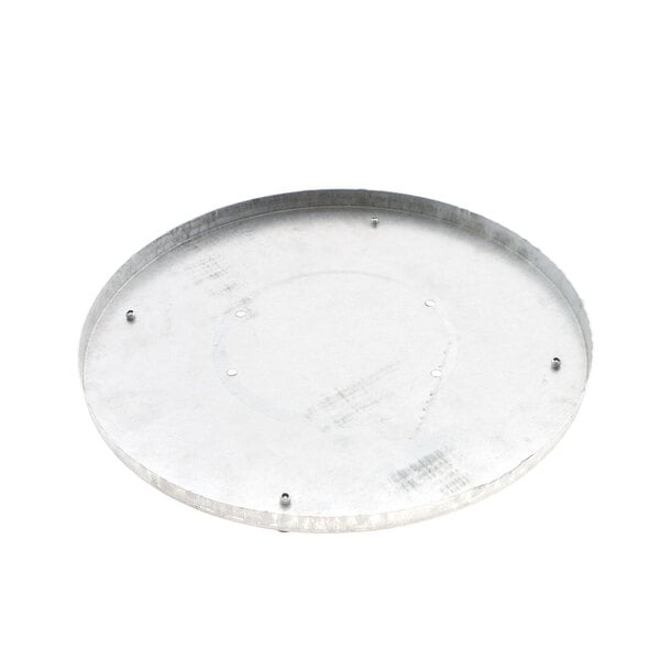 A round metal cover with holes and screws.