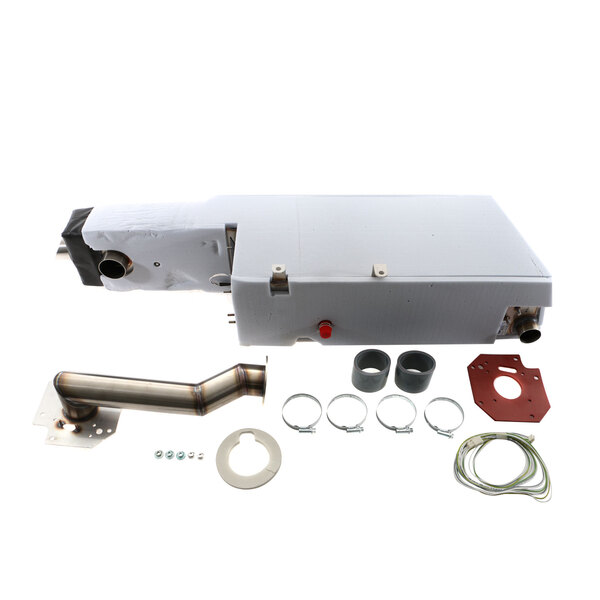 A white rectangular box with metal parts inside and a white metal pipe and hose kit.