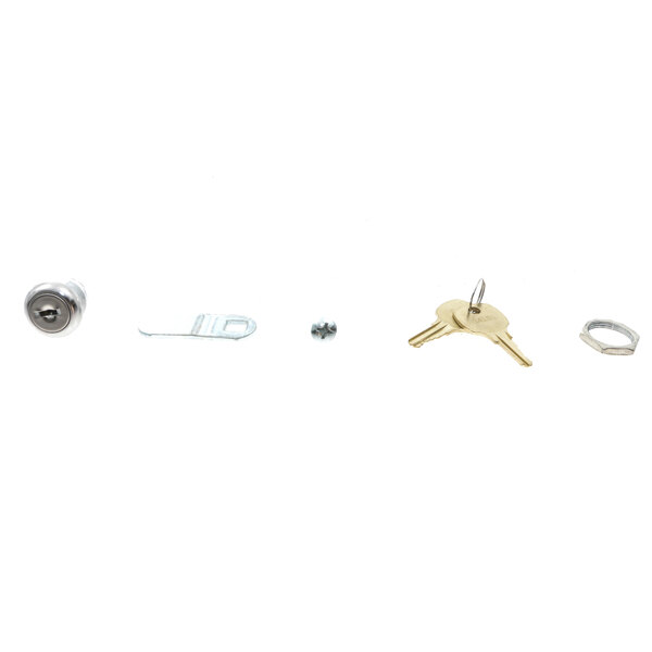 A set of keys and screws for a True Refrigeration glass door lock.