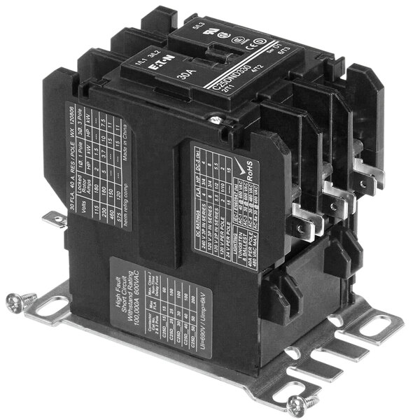 A black Blodgett contactor with metal brackets and three terminals.