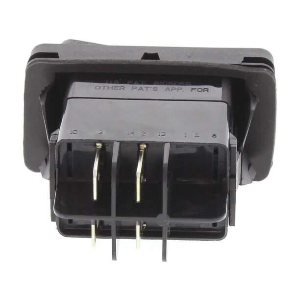 A black electrical power switch with two terminals.