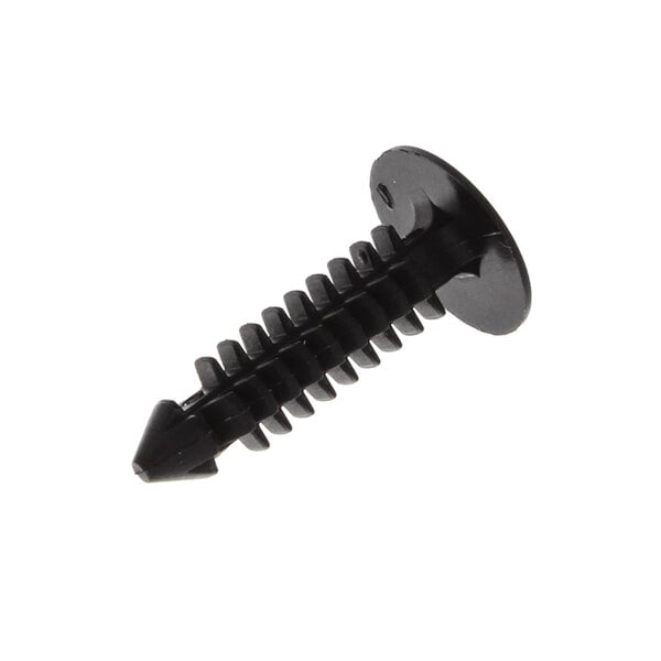 A close-up of a black plastic screw with a point.