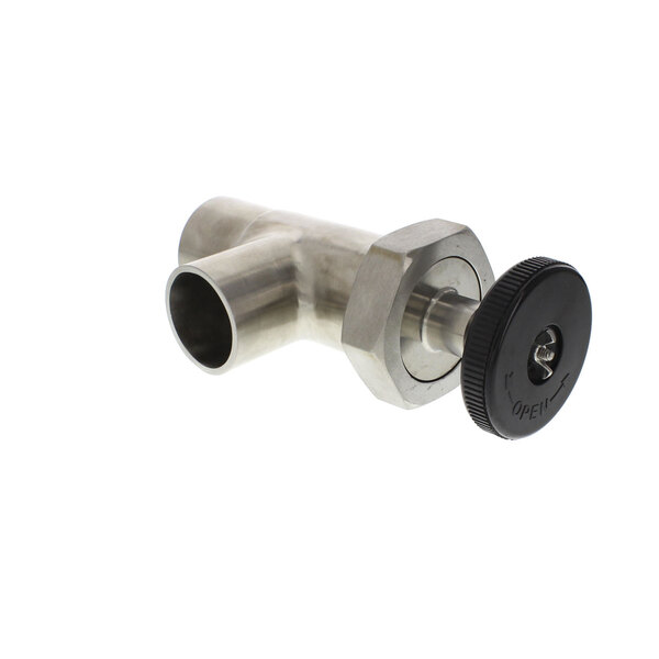 A Market Forge 2" stainless steel valve with black knob.