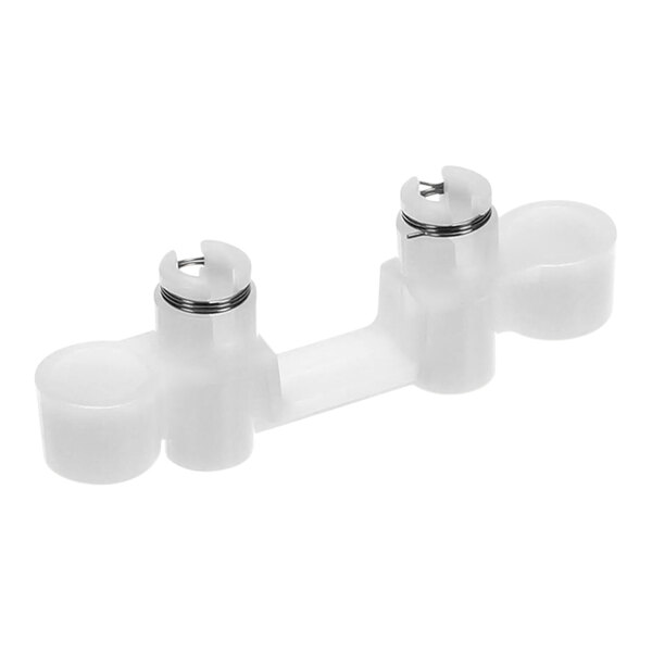 A white plastic Hamilton Beach Lock Block with metal rings on two holes.