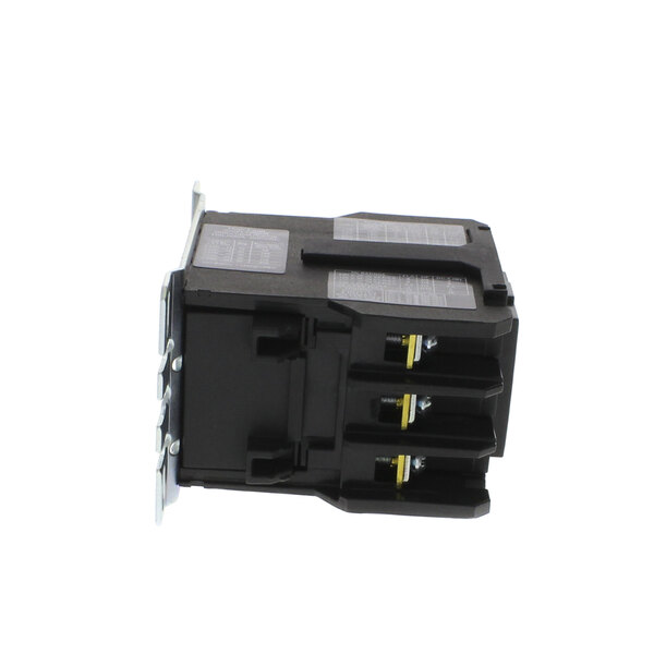 A black electrical Salvajor contactor with metal screws and three wires.