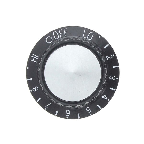 A black APW Wyott knob with white numbers on a dial.