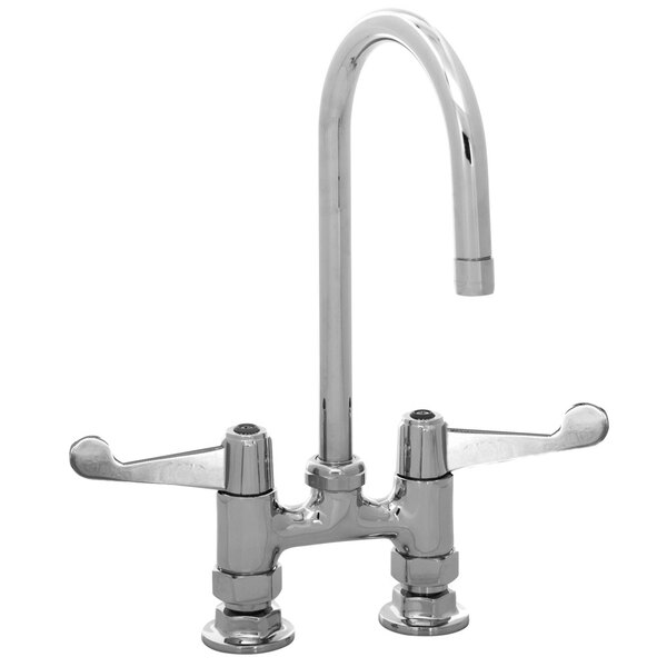 A chrome Equip by T&S deck-mounted faucet with gooseneck spout and wrist handles.