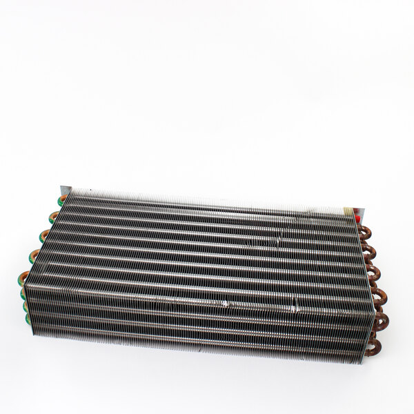 A Beverage-Air condenser coil with metal fins and wires.