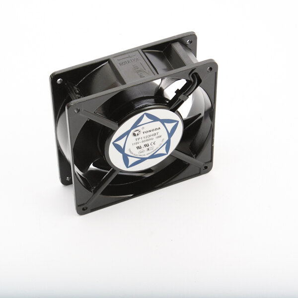 A black fan with a white circle and blue star on it.
