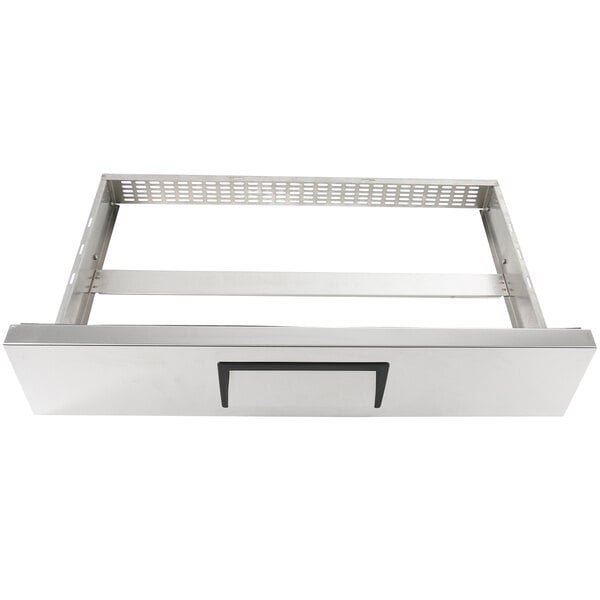 A stainless steel drawer for True Refrigeration equipment with a black handle.