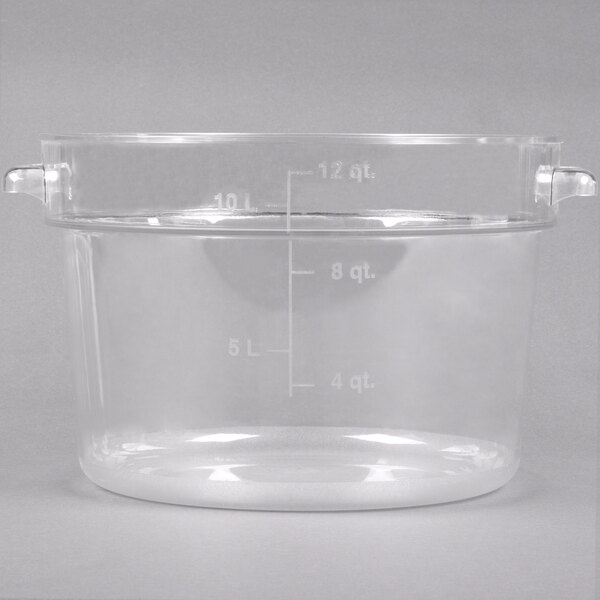 A Carlisle clear plastic round food storage container with measurements in white.