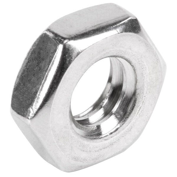 A close-up of a stainless steel APW Wyott hex jam nut.