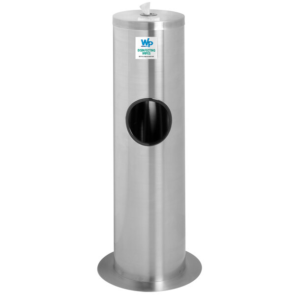 A stainless steel trash can with a hole in the top.