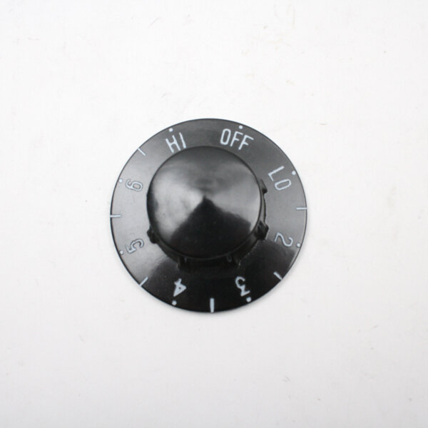 A close up of a black BevLes knob with white text.