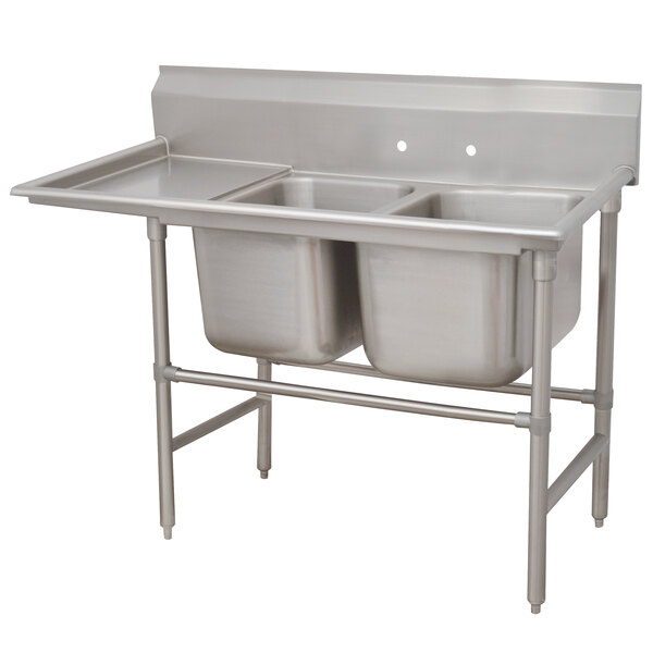 A stainless steel Advance Tabco 2 compartment pot sink with a left drainboard.