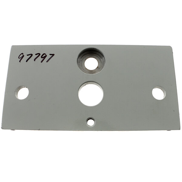 A white metal rectangular plate with holes and numbers.