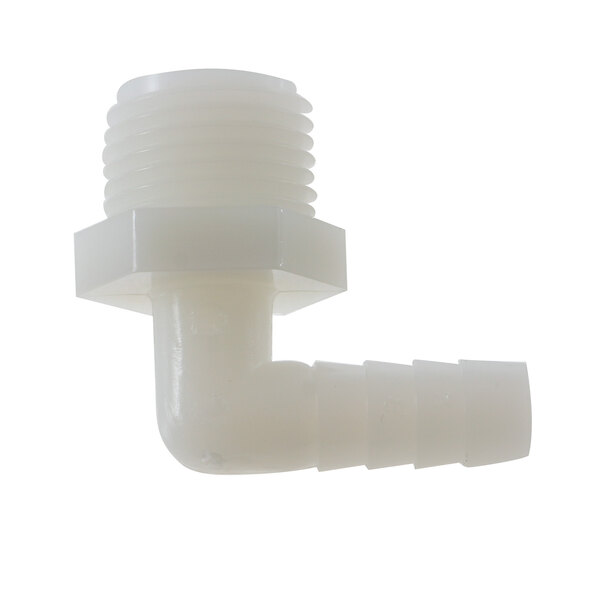 A white plastic pipe with a white plastic nut connector.