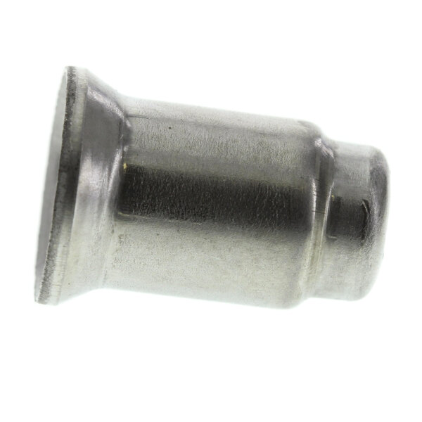 A stainless steel threaded nut on a white background.
