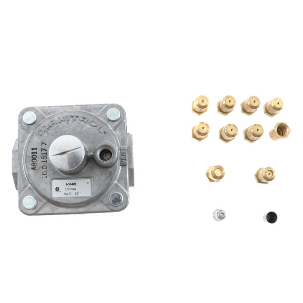 An American Range gas valve conversion kit with brass nuts and screws.