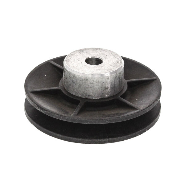 A black and silver True Refrigeration drive pulley with a hole in the center.
