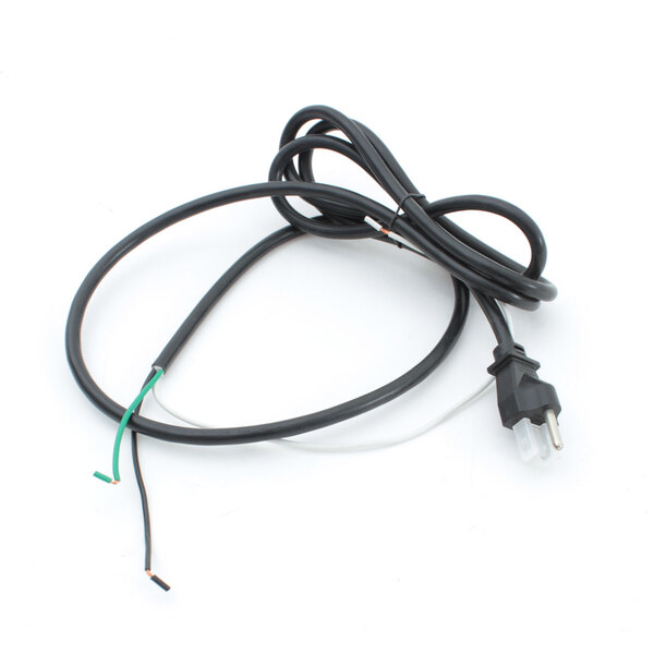 A black electrical cord with a white plug and a green wire attached to it.
