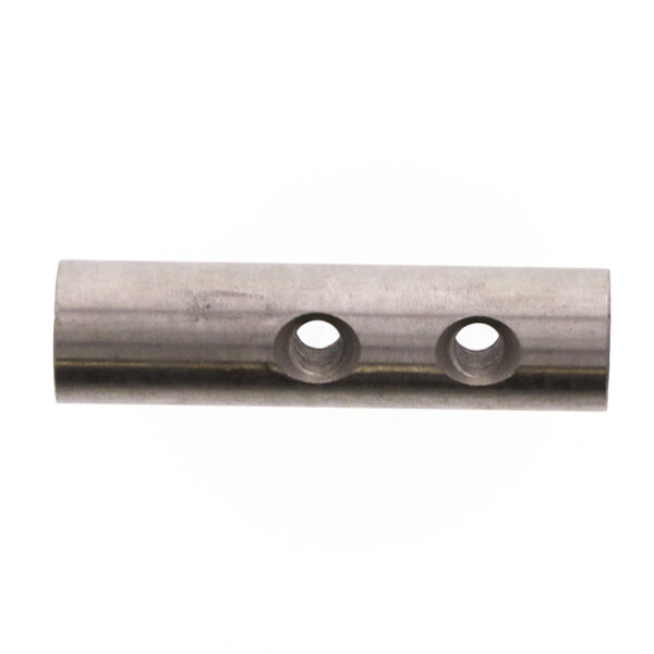 A stainless steel Market Forge pin hinge with two holes on a tube.